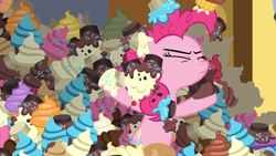 Size: 1366x768 | Tagged: safe, screencap, pinkie pie, earth pony, pony, g4, the ending of the end, avalanche, chocolate, cupcake, female, food, frosting, mare, mess, messy, solo