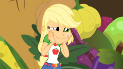 Size: 1164x655 | Tagged: safe, screencap, applejack, equestria girls, equestria girls specials, g4, my little pony equestria girls: better together, my little pony equestria girls: holidays unwrapped, o come all ye squashful, applejack's hat, belt, clothes, collar, cowboy hat, denim skirt, female, food, geode of super strength, hand on cheek, hat, magical geodes, shirt, silly face, skirt, smiling, teenager, wavy mouth