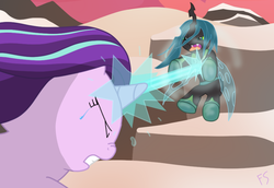 Size: 860x590 | Tagged: safe, artist:fskindness, derpibooru exclusive, queen chrysalis, starlight glimmer, pony, unicorn, g4, the ending of the end, crying, magic, series finale, snow, teary eyes, ultimate chrysalis