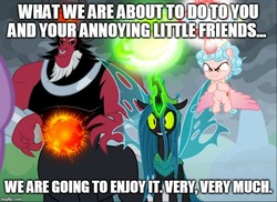 Size: 688x500 | Tagged: safe, edit, edited screencap, screencap, cozy glow, lord tirek, queen chrysalis, alicorn, pony, g4, the ending of the end, alicornified, avengers: endgame, cozycorn, cropped, dialogue, evil grin, glowing horn, grin, horn, magic, meme, race swap, smiling, text, thanos, trio, ultimate chrysalis