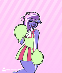 Size: 1088x1280 | Tagged: safe, artist:whisperfoot, oc, oc only, oc:berry frost, deer, deer pony, original species, anthro, animated, antlers, blushing, butt freckles, cheerleader, chest fluff, clothes, crossdressing, cute, dancing, deer oc, deerified, ear fluff, ear freckles, eyes closed, freckles, furry, gif, horns, legs, male, miniskirt, moe, multicolored hair, ocbetes, open mouth, pale belly, pleated skirt, pom pom, shoulder freckles, simple background, skirt, smiling, solo, thighs