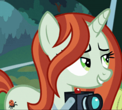 Size: 500x449 | Tagged: safe, screencap, crackle cosette, queen chrysalis, changeling, pony, unicorn, g4, the ending of the end, animated, camera, cropped, disguise, disguised changeling, female, gif, one eye closed, solo, wink