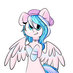 Size: 2000x2000 | Tagged: safe, artist:thieftea, oc, oc only, oc:foxyhollows, pegasus, pony, beret, collar, cute, female, hat, high res, mare, simple background, solo, white background, wings