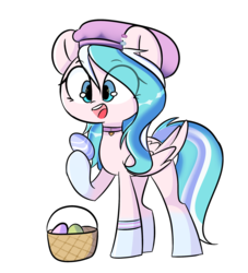 Size: 2000x2200 | Tagged: safe, artist:thieftea, oc, oc only, oc:foxyhollows, pegasus, pony, basket, collar, cute, egg, female, hat, high res, mare, solo, wings