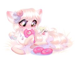 Size: 2300x1800 | Tagged: safe, artist:fenwaru, oc, oc only, bat pony, pony, bat pony oc, bow, cute, donut, female, flower, flower in hair, food, jewelry, mouth hold, necklace, ocbetes, simple background, solo, white background, ych result