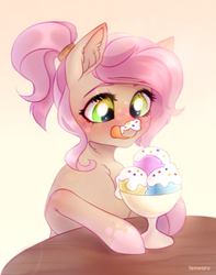 Size: 1500x1900 | Tagged: safe, artist:fenwaru, oc, oc only, earth pony, pony, cute, ear fluff, female, food, green eyes, ice cream, licking, ocbetes, simple background, solo, sprinkles, table, tongue out, white background, ych result
