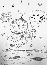 Size: 2809x3879 | Tagged: safe, artist:debmervin, pinkie pie, earth pony, pony, g4, female, helmet, high res, monochrome, moon, music notes, planet, solo, space, stars, traditional art