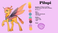 Size: 1024x576 | Tagged: safe, artist:oneiria-fylakas, oc, oc only, oc:pilupi, changedling, changeling, engrish, female, parent:thorax, parents:canon x oc, reference sheet, solo