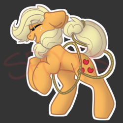 Size: 900x900 | Tagged: safe, artist:spoopygander, applejack, earth pony, pony, g4, acrylic charm, cute, eyes closed, female, floppy ears, freckles, gray background, grin, happy, jackabetes, lasso, mare, outline, pose, prehensile tail, rearing, rope, simple background, smiling, solo, watermark