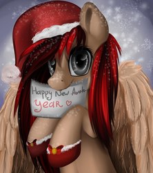 Size: 911x1024 | Tagged: safe, artist:xxcrazzzyxx, oc, oc only, oc:sayonara maxwell, pegasus, pony, christmas, cute, digital art, female, gray eyes, happy new year, hat, holiday, looking at you, mare, santa hat, snow, solo, spread wings, wings