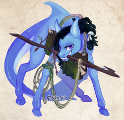 Size: 879x853 | Tagged: safe, artist:sitaart, oc, oc only, original species, shark, shark pony, ponyfinder, commission, dungeons and dragons, mouth hold, pathfinder, pen and paper rpg, rpg, solo, spear, weapon