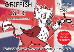 Size: 1200x851 | Tagged: safe, oc, oc:bobbie, griffon, convention, convention:griffish isles, flag, glasses, griffish isles, griffish isles 2020, griffon oc, united kingdom