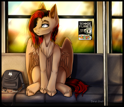 Size: 1640x1420 | Tagged: safe, artist:sarah swait, oc, oc only, oc:sayonara maxwell, pegasus, pony, backpack, bus, digital art, gray eyes, sitting, solo, spread wings, temmie flakes, wings