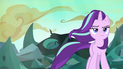 Size: 1542x869 | Tagged: safe, artist:frownfactory, edit, edited screencap, screencap, queen chrysalis, starlight glimmer, changeling, pony, unicorn, g4, the ending of the end, to where and back again, badass, changeling hive, defeated, like a boss, rubble, starlight glimmer in places she shouldn't be, walking away, windswept mane