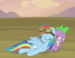 Size: 645x495 | Tagged: safe, screencap, rainbow dash, spike, dragon, pegasus, pony, g4, hurricane fluttershy, cropped, duo, eyes closed, female, goggles, lying down, male, mare, out of context, ship:rainbowspike, shipping, straight, wat