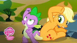 Size: 1280x720 | Tagged: safe, screencap, applejack, spike, dragon, earth pony, pony, g4, spike at your service, female, male, mare, my little pony logo, protecting, rock, spike to the rescue