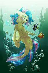 Size: 723x1105 | Tagged: safe, artist:hazurasinner, oc, oc only, oc:harmony (hazurasinner), fish, merpony, sea pony, seapony (g4), blushing, bubble, crepuscular rays, cute, digital art, dorsal fin, female, fin, fin wings, fins, fish tail, flowing mane, flowing tail, happy, lidded eyes, magical lesbian spawn, mare, mermay, ocean, offspring, open mouth, open smile, parent:fluttershy, parent:rainbow dash, parents:flutterdash, scales, seaweed, signature, smiling, species swap, sunlight, swimming, tail, underwater, water, watermark, wings