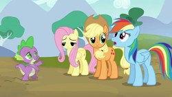 Size: 1280x720 | Tagged: safe, screencap, applejack, fluttershy, rainbow dash, spike, dragon, earth pony, pegasus, pony, g4, spike at your service, female, fluttershy is not amused, male, mare, unamused
