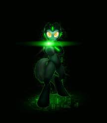 Size: 830x962 | Tagged: safe, artist:chickenwhite, lyra heartstrings, pony, g4, bipedal, black background, female, looking at you, mega man, mega man (series), simple background, solo