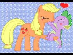 Size: 480x360 | Tagged: artist needed, safe, applejack, spike, dragon, earth pony, pony, g4, blushing, cute, female, heart, kiss on the lips, kissing, male, mare, needs more jpeg, ship:applespike, shipping, straight