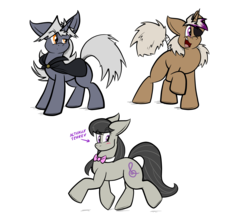 Size: 3500x3124 | Tagged: safe, artist:virmir, octavia melody, oc, oc:terrev, oc:virmare, oc:virmir, oc:zinc, earth pony, pony, unicorn, g4, bowtie, cape, character to character, clothes, eyepatch, high res, post-transformation