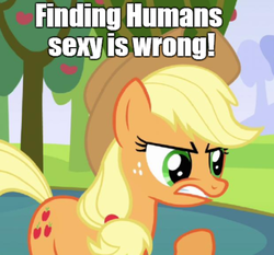 Size: 845x789 | Tagged: safe, edit, edited screencap, screencap, applejack, earth pony, human, pony, g4, keep calm and flutter on, angry, apple, apple tree, caption, cropped, female, image macro, implied interspecies, mare, solo, text, tree