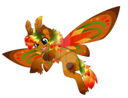 Size: 800x619 | Tagged: safe, artist:fuyusfox, oc, oc:leaf pile, original species, pony, colored eartips, fetlock tuft, happy, male, open mouth, open smile, palindrome get, smiling, spread wings, stallion, wings, wysp