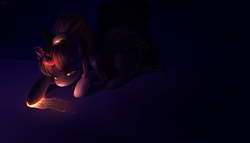 Size: 1400x800 | Tagged: safe, artist:dzmaylon, oc, oc only, pony, unicorn, dark, eyeball, female, glowing, glowing horn, horn, looking at something, looking down, magic, mare, solo