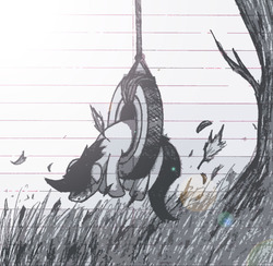 Size: 1164x1134 | Tagged: safe, artist:mastergrunt9, oc, oc only, pony, leaves, lined paper, sad, solo, tire swing, tree
