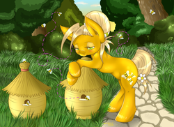 Size: 1024x745 | Tagged: safe, artist:anikawolf, oc, oc only, bee, insect, pony, bee box, beehive, forest, grass, solo, tree