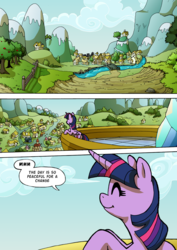 Size: 1204x1700 | Tagged: safe, artist:tarkron, twilight sparkle, alicorn, pony, comic:the royal sandal, g4, balcony, comic, dialogue, eyes closed, female, mare, ponyville, smiling, solo, speech bubble, tempting fate, twilight sparkle (alicorn), twilight's castle