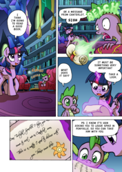 Size: 1204x1700 | Tagged: safe, artist:tarkron, spike, twilight sparkle, alicorn, dragon, pony, comic:the royal sandal, g4, burp, comic, couch, coughing, dialogue, dragon mail, dragonfire, duo, female, fire, fire breath, fire burp, floppy ears, glowing, glowing horn, green fire, horn, implied princess celestia, letter, levitation, library, magic, male, mare, onomatopoeia, sigh, speech bubble, telekinesis, twilight sparkle (alicorn), twilight's castle, twilight's castle library