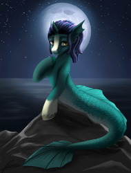 Size: 2300x3034 | Tagged: safe, artist:xxcrazzzyxx, oc, oc only, mermaid, merpony, pony, sea pony, seapony (g4), unicorn, cat eyes, detailed, digital art, dorsal fin, dreadlocks, fish tail, high res, looking at you, moon, moonlight, night, ocean, rock, sky, slit pupils, smiling, solo, tail, water, ych result