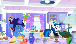Size: 4488x2598 | Tagged: safe, artist:earth_pony_colds, oc, oc only, oc:feathertrap, oc:marquis majordome, oc:windy barebow evergreen, pegasus, pony, unicorn, apple, bacon, breakfast, butt, cake, carrot, clothes, commission, cookie, cookie jar, cooking, crossdressing, cupcake, flour, flower, food, fork, french maid, glasses, glowing, glowing horn, horn, hug, implied ponies eating meat, jam, juice, kitchen, leg wraps, levitation, magic, maid, male, meat, onomatopoeia, outfit, pancakes, picture frame, plate, plot, show accurate, sleeping, sneaking, sound effects, stallion, stealing, tea, telekinesis, vase, wallpaper, window, wine bottle, yoink, zzz