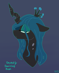 Size: 2550x3150 | Tagged: safe, artist:skoon, queen chrysalis, changeling, changeling queen, g4, blue background, bust, crown, female, high res, hugs 4 bugs, jewelry, lidded eyes, portrait, profile, quadrupedal, regalia, simple background, solo, tsundere