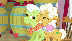 Size: 1280x720 | Tagged: safe, screencap, goldie delicious, granny smith, g4, going to seed, apple, barrel, food, rocking chair