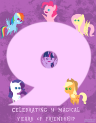 Size: 1500x1911 | Tagged: safe, artist:kuren247, applejack, fluttershy, pinkie pie, rainbow dash, rarity, twilight sparkle, earth pony, pegasus, pony, unicorn, g4, 9, book, cute, happy birthday mlp:fim, looking at you, mane six, mlp fim's ninth anniversary, pointy ponies, poster
