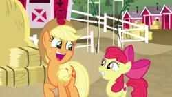 Size: 1920x1080 | Tagged: safe, screencap, apple bloom, applejack, earth pony, pony, g4, going to seed, fence, hay bale, smiling