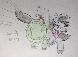 Size: 2114x1536 | Tagged: safe, artist:gmangamer25, octavia melody, oc, oc:gamer blitz, earth pony, pegasus, pony, g4, abuse, ball, bowtie, female, fight, male, mare, motion lines, pain, sonic the hedgehog, sonic the hedgehog (series), spin dash, stallion, tavibuse, traditional art