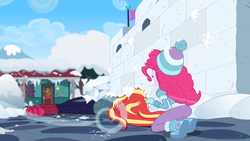 Size: 2048x1152 | Tagged: safe, screencap, pinkie pie, sunset shimmer, equestria girls, equestria girls series, g4, holidays unwrapped, spoiler:eqg series (season 2), ass, butt, clothes, female, lying, snow, snowball, snowball fight, winter outfit
