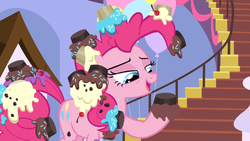 Size: 1366x768 | Tagged: safe, screencap, pinkie pie, earth pony, pony, g4, the ending of the end, chocolate, cupcake, female, food, frosting, satisfied, satisfying, solo, sprinkles, stairs