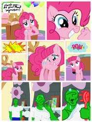 Size: 2400x3200 | Tagged: safe, artist:capital_t, maud pie, pinkie pie, oc, oc:anon, earth pony, human, pony, comic:pinkie maud roleplay, g4, balloon, bedroom, behaving like maud pie, clothes, comic, dialogue, fan, female, high res, hoof fingers, mare, needle, pants, pinkie being pinkie, pinkie physics, roleplay, roleplaying, shirt, show accurate, smiling, sweat