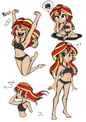 Size: 706x1000 | Tagged: safe, artist:the-park, sunset shimmer, equestria girls, g4, adorasexy, armpits, barefoot, belly button, bikini, clothes, cute, feet, female, grumpy, human coloration, jumping, midriff, multeity, sexy, shimmerbetes, simple background, sitting, smiling, solo, standing, swimsuit, windswept mane