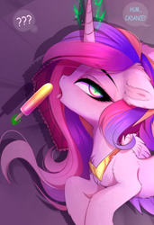 Size: 1456x2124 | Tagged: safe, artist:magnaluna, princess cadance, queen chrysalis, alicorn, changeling, changeling queen, pony, g4, bedroom eyes, cropped, dialogue, disguise, disguised changeling, fake cadance, female, food, looking at you, mare, offscreen character, open mouth, popsicle, preview, solo, suggestive eating, tongue out