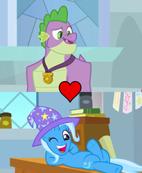 Size: 884x1080 | Tagged: safe, edit, edited screencap, screencap, spike, trixie, a horse shoe-in, g4, the last problem, belly, female, gigachad spike, male, older, older spike, shipping, shipping domino, spixie, straight