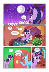Size: 738x1083 | Tagged: safe, artist:koolfrood, twilight sparkle, oc, oc:ian denney, pony, comic:ian's story, g4, bed, comic, golden oaks library, mare in the moon, moon