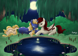 Size: 900x655 | Tagged: safe, artist:amenoo, oc, firefly (insect), insect, pegasus, pony, unicorn, moon, pond