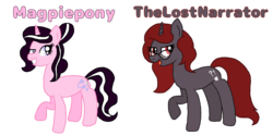 Size: 2000x1000 | Tagged: safe, artist:asiandra dash, oc, oc:curse word, oc:magpie, pony, unicorn, digital art, magpiepony, open mouth, simple background, text, thelostnarrator, transparent background