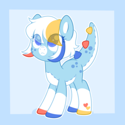 Size: 3000x3000 | Tagged: safe, artist:dreamyeevee, oc, oc only, oc:toy box, pony, abstract background, coat markings, colored hooves, colored pinnae, colored pupils, dinosaur tail, eye clipping through hair, facial markings, freckles, heart, heart mark, high res, looking up, markings, mealy mouth (coat marking), pale belly, plushie, socks (coat markings), solo, standing