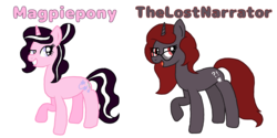 Size: 2000x1000 | Tagged: safe, artist:asiandra dash, oc, oc:curse word, oc:magpie, pony, unicorn, digital art, magpiepony, open mouth, simple background, text, thelostnarrator, white background